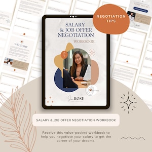 Peut inclure: Un cahier de travail numérique intitulé "Salary & Job Offer Negotiation Workbook" affiché sur une tablette. La couverture présente une femme et le texte "Negotiation Tips". Des pages supplémentaires avec du texte sont visibles en arrière-plan. Le cahier de travail est conçu pour aider à la négociation salariale.