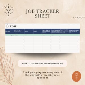 Peut inclure: Une feuille de suivi d'emploi bleu et vert avec le titre "Job Tracker Sheet" et le texte "Jon ROSE" en haut. La feuille comporte des colonnes pour la date de candidature, le statut, le titre du poste, l'entreprise, le niveau d'intérêt, le niveau d'alignement, le nom et/ou l'URL LinkedIn, et le suivi sur LinkedIn. La feuille est conçue pour aider les gens à suivre leurs candidatures d'emploi.