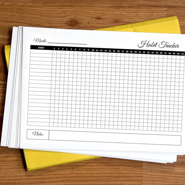 Black Monthly Habit Tracker Digital Planner, Printable, Fillable, Blank Landscape Layout, Letter and A4 Size