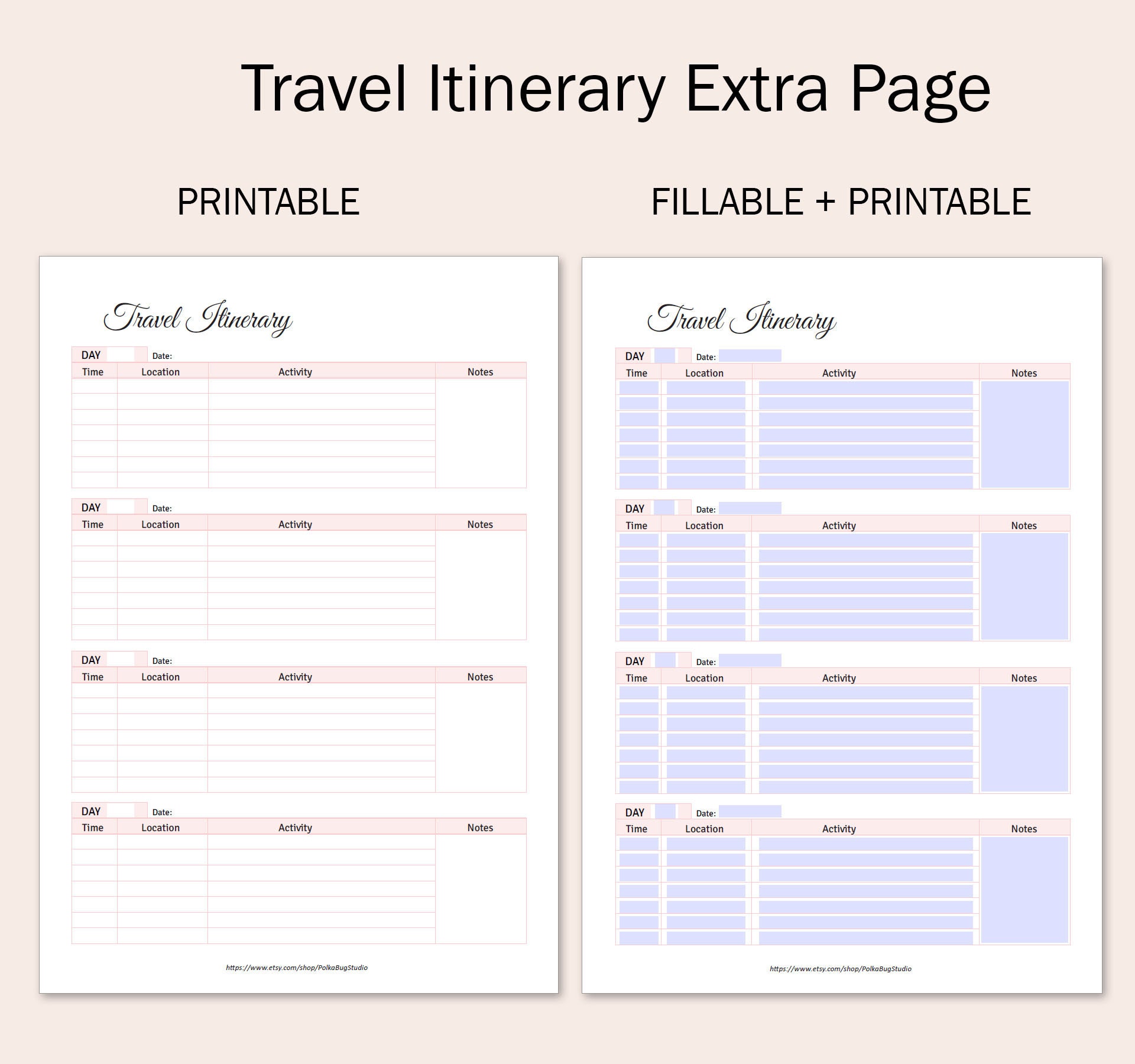 Travel Note Entry Pink Fillable Travel Planner Digital Printable, Travel Packing ...