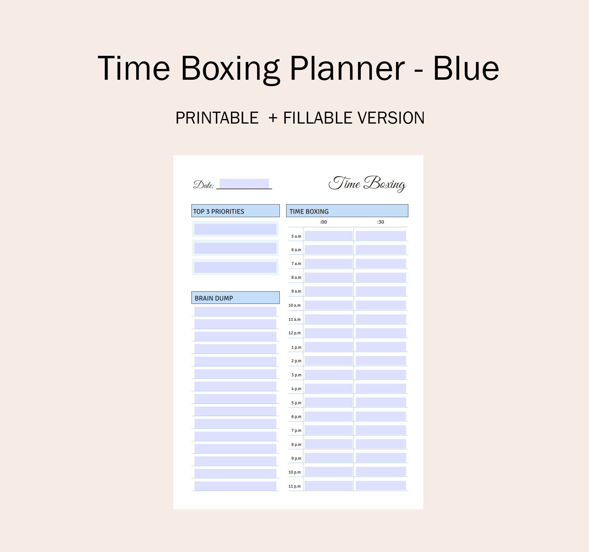 Blue Fillable Time Boxing or Blocking Digital Planner, Printable ...