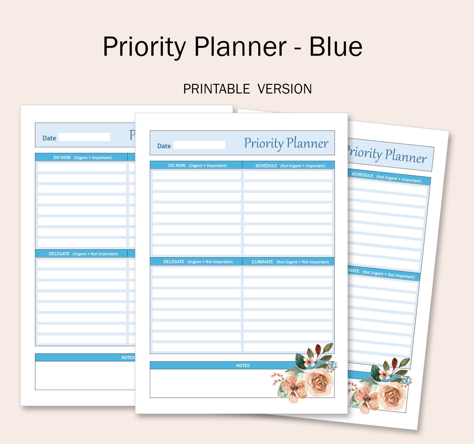 Blue Eisenhower Matrix Priority Digital Planner, Printable, Fillable ...