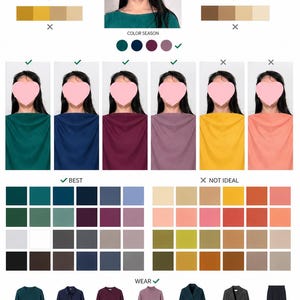 May include: A color analysis chart with a woman's face obscured by a pink heart. The chart displays color palettes for undertones, contrast, and color seasons. Examples of clothing and accessories are shown.