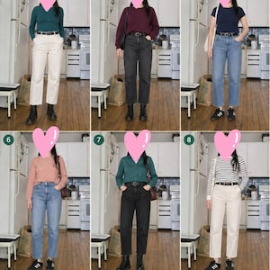 May include: A series of eight outfits, each featuring a different combination of tops, bottoms, and shoes. The outfits include jeans, trousers, shirts, and t-shirts in various colors, with black boots and sneakers.
