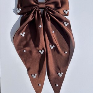 Magical Mickey Pearls and Silk Handmade Chocolate Brown Hair Bow Barette
