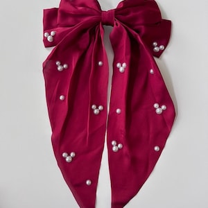Magical Mickey Pearls and Silk Handmade Red  Hair Bow Barette!