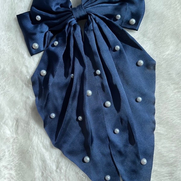 Navy Blue Pearl Silk Bow Hair Barrette