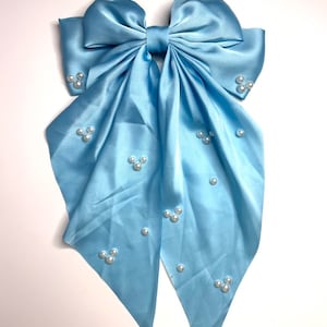 Magical Mickey Pearls and Silk Handmade Light Blue Hair Bow Barette!