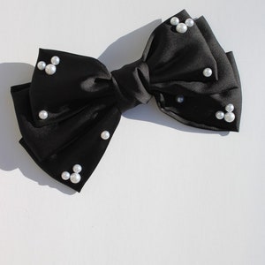 Magical Mickey Pearls and Silk Handmade Black Short Hair Bow Barette