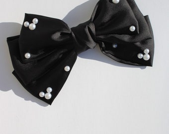 Magical Mickey Pearls and Silk Handmade Black Short Hair Bow Barette