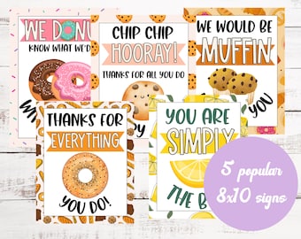 5 Staff Appreciation 8X10 Signs - Lemonade, Muffins, Bagels, Cookies and Donut bar for the Office