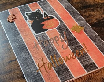Black Cat Happy Halloween Card - Handmade Crafty