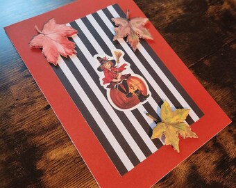 Vintage Witch with Leaves Halloween Card - Handmade Crafty