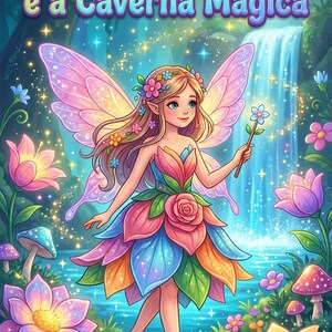 May include: A vibrant illustration of a fairy in a colorful floral dress, holding a flower wand. The image features a waterfall, flowers, and mushrooms, with text that reads "A Fada das Flores e a Caverna Mágica". The fairy has pink wings and a flower crown.