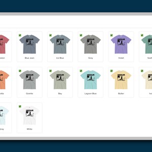 May include: A mockup of a t-shirt with the text "RECLAIM" and a graphic of a palm tree. The t-shirt is shown in 12 different colors: watermelon, blue jean, ice blue, grey, violet, seafoam, terracotta, granite, bay, lagoon blue, butter, ivory, chambray, and white.