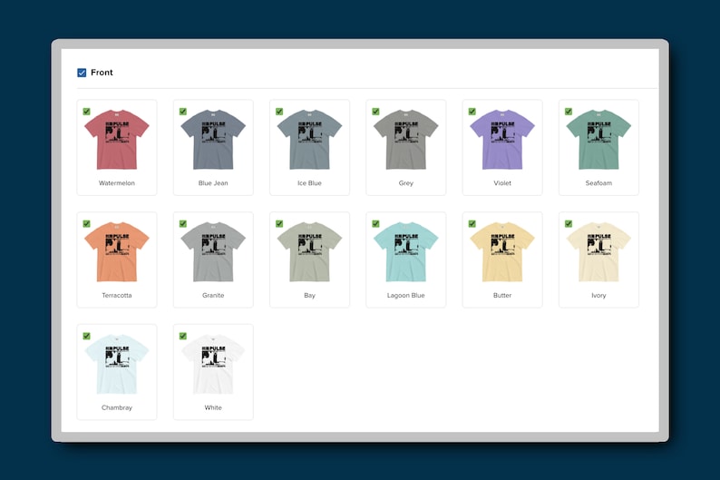 May include: A mockup of a t-shirt with the text "RECLAIM" and a graphic of a palm tree. The t-shirt is shown in 12 different colors: watermelon, blue jean, ice blue, grey, violet, seafoam, terracotta, granite, bay, lagoon blue, butter, ivory, chambray, and white.