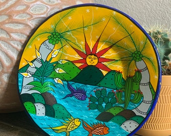 Vintage Mexican Tonala Wall Plate, Decorative Plate, Wall Hanging, Southwestern Style, Folk Art Pottery, Handmade Plate, Sun, Cactus