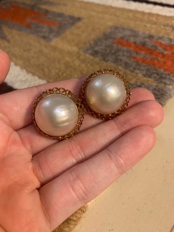 Vintage 14K Gold Mabe Pearl Clip On Earrings,Mabe… - image 8