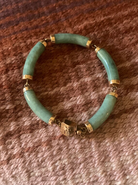 Vintage 14K Gold Green Jade Link Bracelet,14K Gold