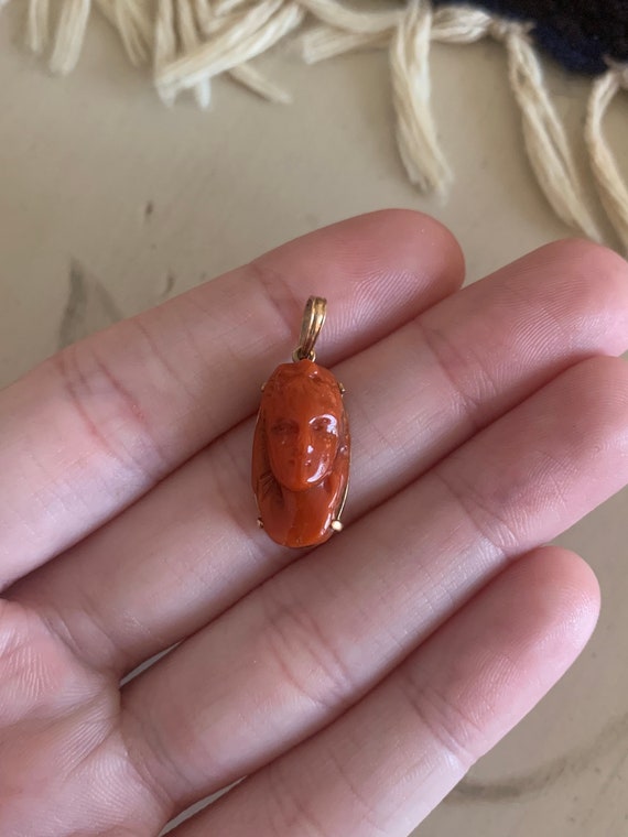 Antique Carved Coral Cameo 14K Gold Pendant,14K Go