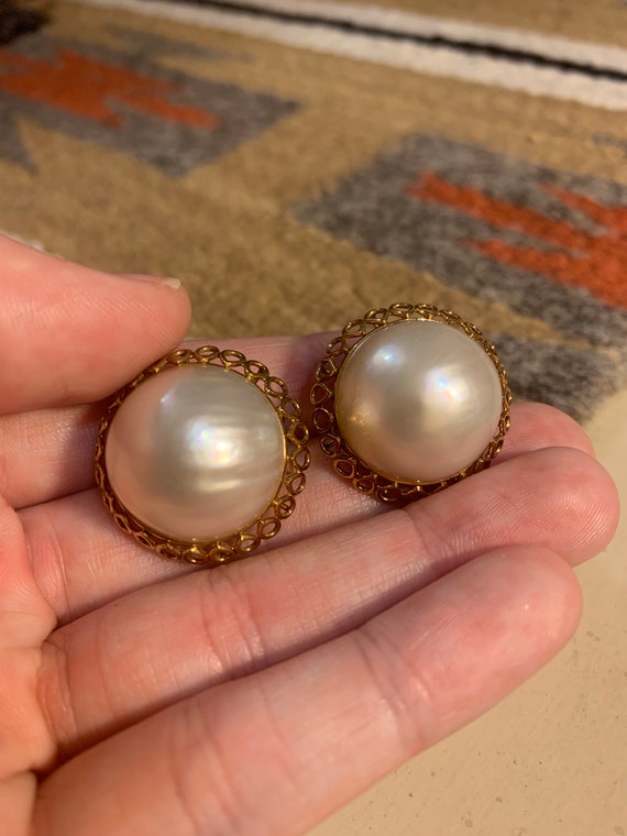 Vintage 14K Gold Mabe Pearl Clip On Earrings,Mabe… - image 7