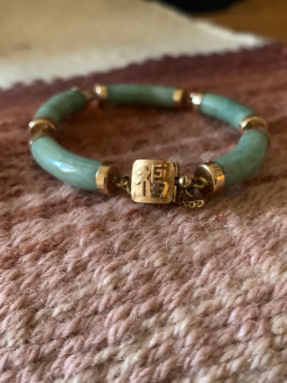 Vintage 14K Gold Green Jade Link Bracelet,14K Gol… - image 2