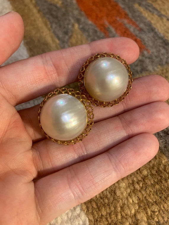 Vintage 14K Gold Mabe Pearl Clip On Earrings,Mabe… - image 3