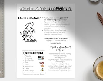 May include: A School Nurse's Guide to Anaphylaxis poster. The black and white educational poster includes information on anaphylaxis, its symptoms, and common allergens. The poster features illustrations and text, including a list of common allergens such as peanuts and tree nuts.
