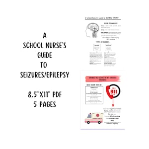 Könnte beinhalten: Ein schwarz-weiß illustrierter Leitfaden für Schulkrankenschwestern zu Krampfanfällen und Epilepsie. Der Leitfaden enthält Informationen zur Krampfterminologie, Arten von Krampfanfällen, Erste Hilfe und wann man den Notruf 112 wählt. Der Leitfaden ist 8,5 Zoll mal 11 Zoll groß und umfasst 5 Seiten.