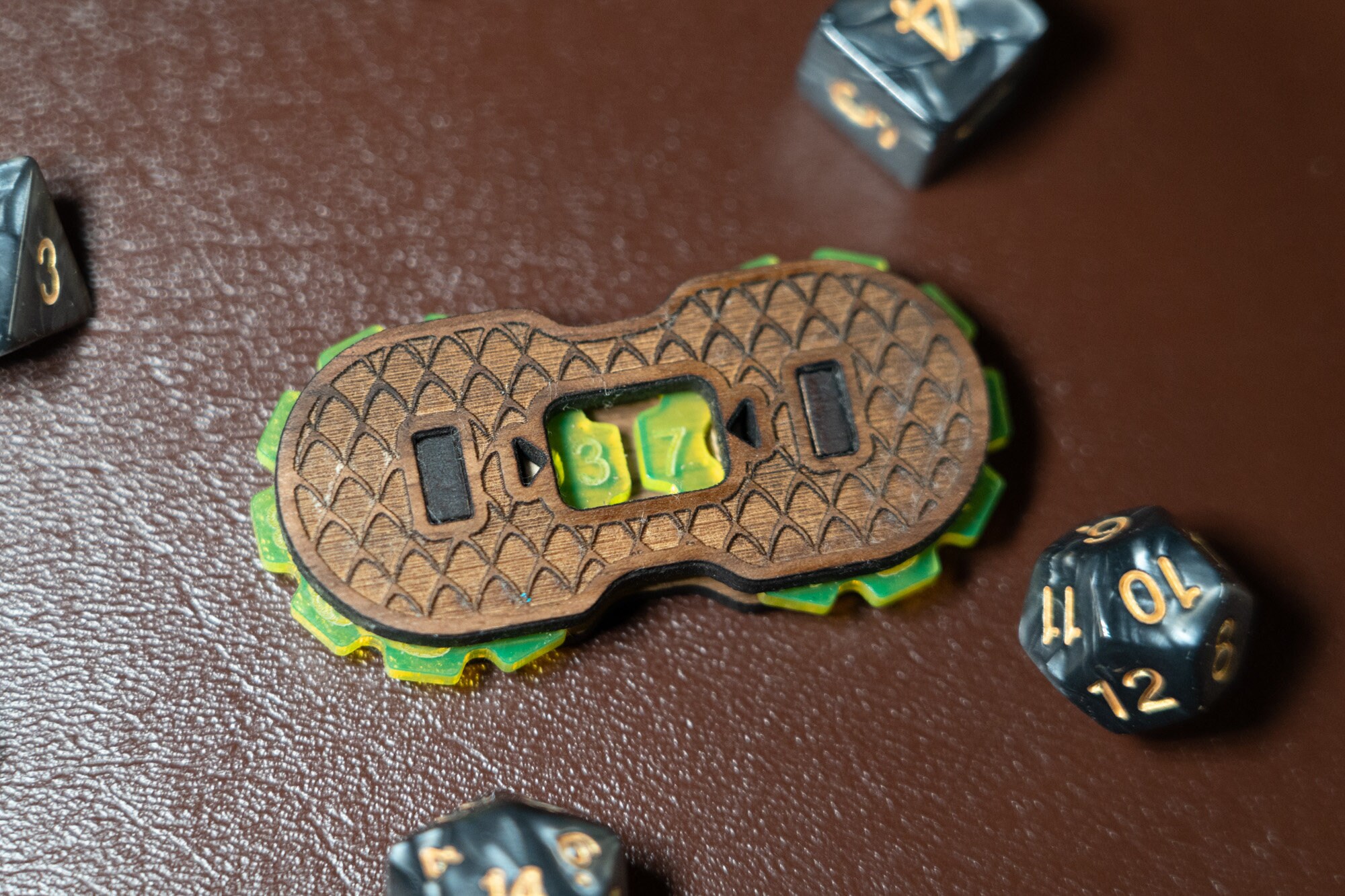 Trading Card Game Life Tracker Walnut and Neon Green Table Top Gaming