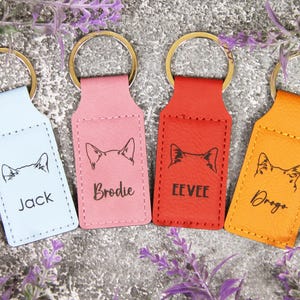 May include: Four leather keychains with cat silhouettes and personalized names: Jack, Brodie, Eevee, and Drago. The keychains are in blue, pink, red, and orange.