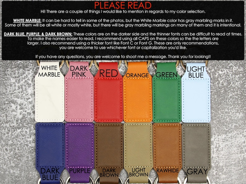 May include: A selection of leather keychains in various colors, including white marble, pink, red, orange, green, light blue, dark blue, purple, dark brown, light brown, rawhide, and gray. Each keychain has a metal ring and is labeled with its color.