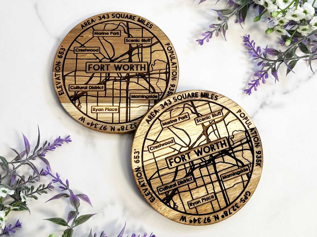 Fort Worth Map Coaster Set Acacia Wood Coasters, Fort Worth Gifts, Fort
