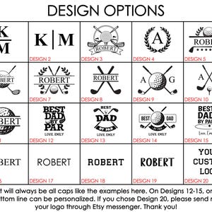 May include: A grid of golf-themed design options in black and white. Designs include initials, names, golf balls, crossed golf clubs, and the text "BEST DAD BY PAR". Text at the bottom states all text will be in caps.