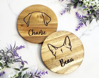 Dog Ear Acacia Coaster Set Engraved, Personalized Dog Mom Gift, Personalized Dog Dad Gift, Dog Lover Gift, Dog Mama Gift, Dog Owner Gift