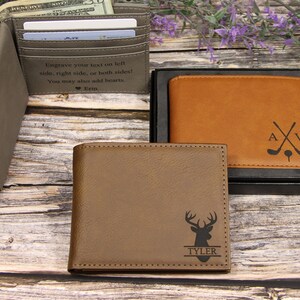 Cartera de cuero grabada personalizada con solapa para identificación y foto, con caja de regalo, regalo de aniversario con monograma para esposo o novio.