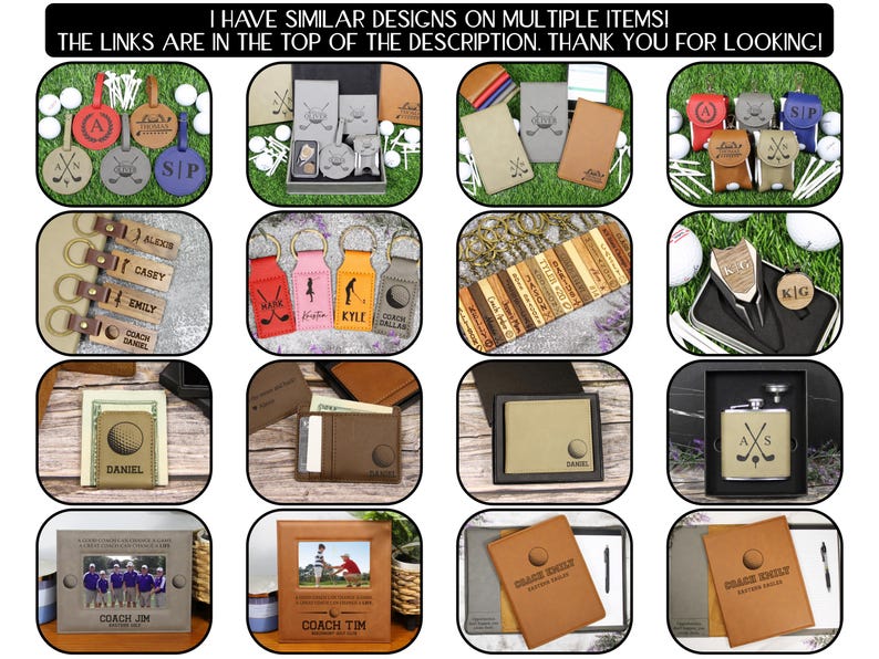 May include: A collection of personalized golf-themed gifts, including keychains, ball markers, flasks, and photo frames. The items feature golf ball designs, initials, and names. The image includes the text "I HAVE SIMILAR DESIGNS ON MULTIPLE ITEMS!"