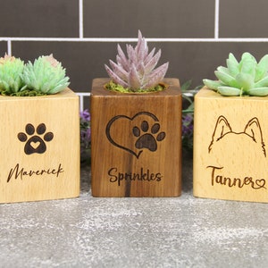 May include: Three wooden planter boxes with succulents. The boxes are personalized with the names "Maverick", "Sprinkles", and "Tanner" and have paw prints, a heart, and a dog silhouette.