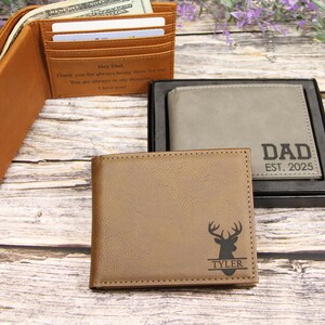 Cartera de cuero grabada personalizada con solapa para identificación y foto, con caja de regalo, regalo de aniversario con monograma para esposo o novio.