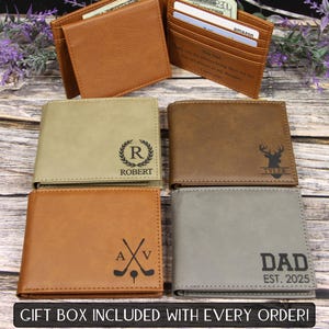 Cartera de cuero grabada personalizada con solapa para identificación y foto, con caja de regalo, regalo de aniversario con monograma para esposo o novio.