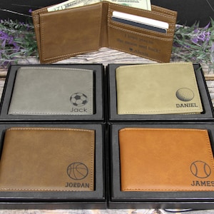 Descuentos por volumen, billetera deportiva de cuero personalizada con caja de regalo, regalo de béisbol, regalo de baloncesto, regalo de cross country, regalo de fútbol, regalo de entrenador, regalo del Día del Padre