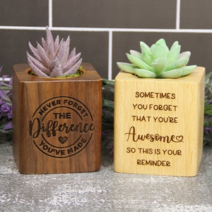 May include: Two wooden planter boxes with succulent plants. The box on the left has the text "Never forget the difference you've made" engraved on it. The box on the right has the text "Sometimes you forget that you're awesome so this is your reminder" engraved on it.