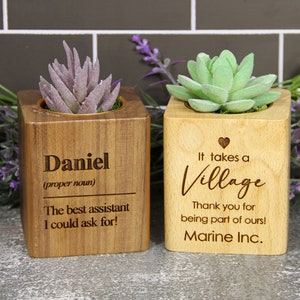 May include: Two wooden planter boxes with succulent plants. The box on the left has the text "Daniel (proper noun) The best assistant I could ask for!" The box on the right has the text "It takes a Village Thank you for being part of ours! Marine Inc."