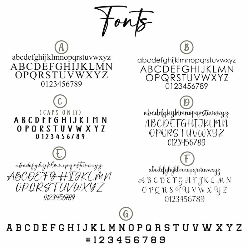 May include: A white background displays the word "Fonts" in a cursive script. Below, seven font styles are presented, each with lowercase and uppercase alphabets, and numbers. Font styles vary from classic to handwritten.