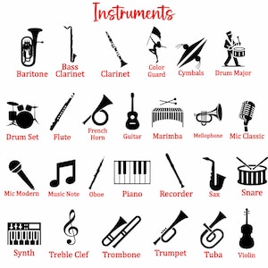 Puede incluir: Ilustraciones en blanco y negro de varios instrumentos musicales, incluyendo un bar&iacute;tono, clarinete, platillos, bater&iacute;a, flauta, trompa, guitarra, marimba, mel&oacute;fono, micr&oacute;fono, nota musical, oboe, piano, flauta dulce, saxof&oacute;n, caja, sintetizador, tromb&oacute;n, trompeta, tuba y viol&iacute;n. La palabra "Instruments" est&aacute; en la parte superior.