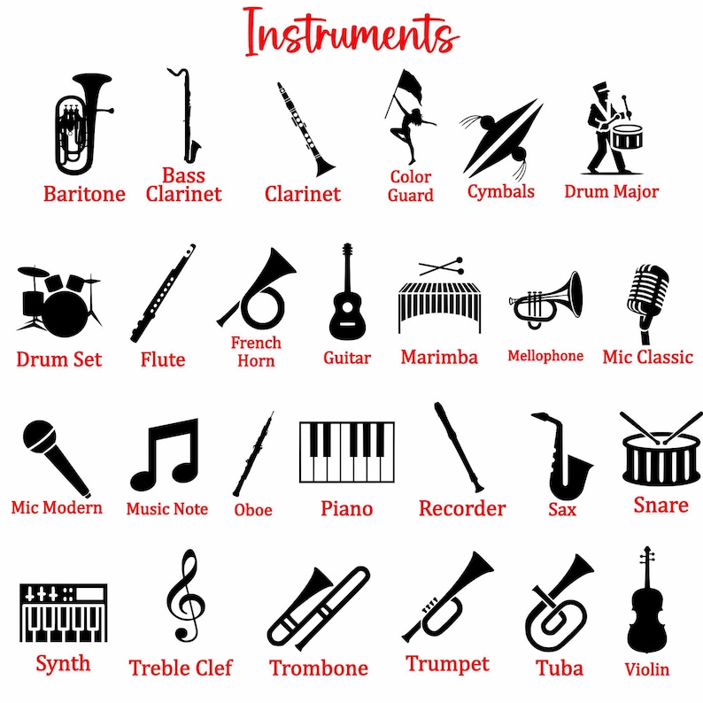 Puede incluir: Ilustraciones en blanco y negro de varios instrumentos musicales, incluyendo un bar&iacute;tono, clarinete, platillos, bater&iacute;a, flauta, trompa, guitarra, marimba, mel&oacute;fono, micr&oacute;fono, nota musical, oboe, piano, flauta dulce, saxof&oacute;n, caja, sintetizador, tromb&oacute;n, trompeta, tuba y viol&iacute;n. La palabra "Instruments" est&aacute; en la parte superior.