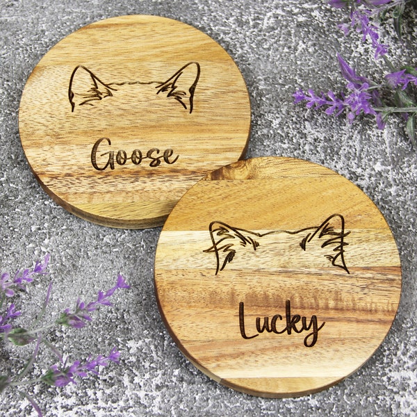 Engraved Cat Ear Acacia Coaster Set, Cat Mom Gift, Cat Dad Gift, Cat Lover Gift, Cat Ear Gift, Cat Ear Coaster Set, Acacia Coasters