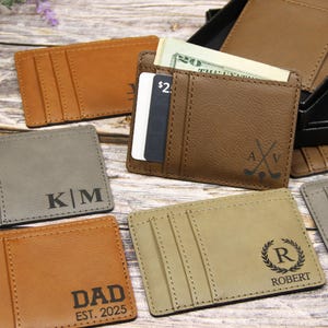 Cartera minimalista de cuero personalizada grabada con caja de regalo, billetera delgada para hombre con bolsillo frontal, tarjetero delgado de cuero, billetera delgada para tarjetas.