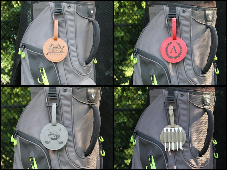 May include: Four golf bag tags in a collage. The tags are round and attached to golf bags. One tag is tan with the name "Thomas" and golf-themed graphics. Another is red with a black "A" and a laurel wreath. The third is gray with "Oliver" and crossed golf clubs. The last is olive green with golf tees.