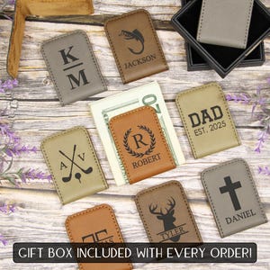 Clip para billetes grabado personalizado con caja de regalo, clip para billetes de cuero sintético personalizado, clip para billetes minimalista, tarjetero delgado con clip para billetes tipo billetera.